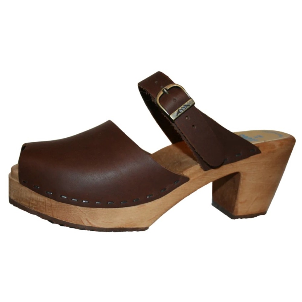 Tessa Clogs Mikaela Peep Toe High Heel Brown Leather Made‎ Sweden, 35/ US 5, 5.5